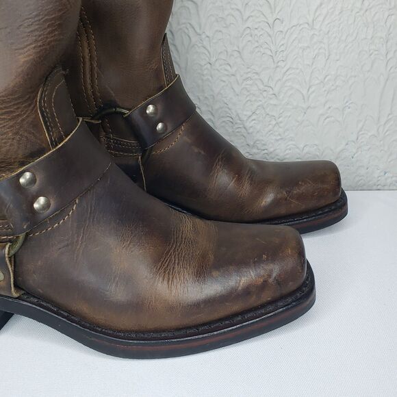 Frye Harness 12R Square Toe Moto Boots Womens 7M Smoke Brown Leather 77300 USA - Picture 4 of 16